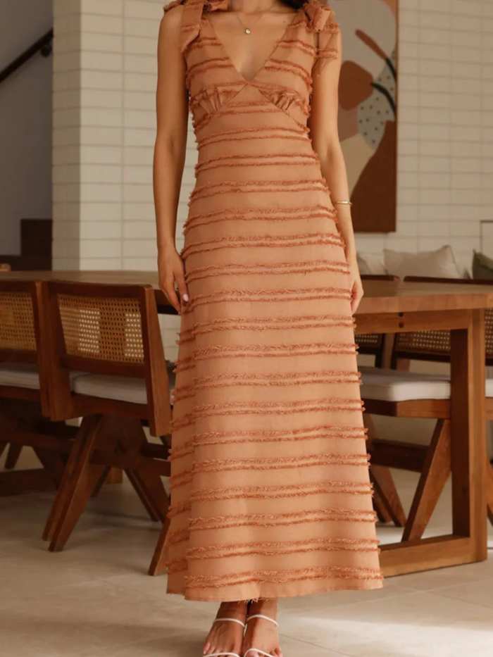 Striped V-Neck Tie Shoulder Maxi Dress