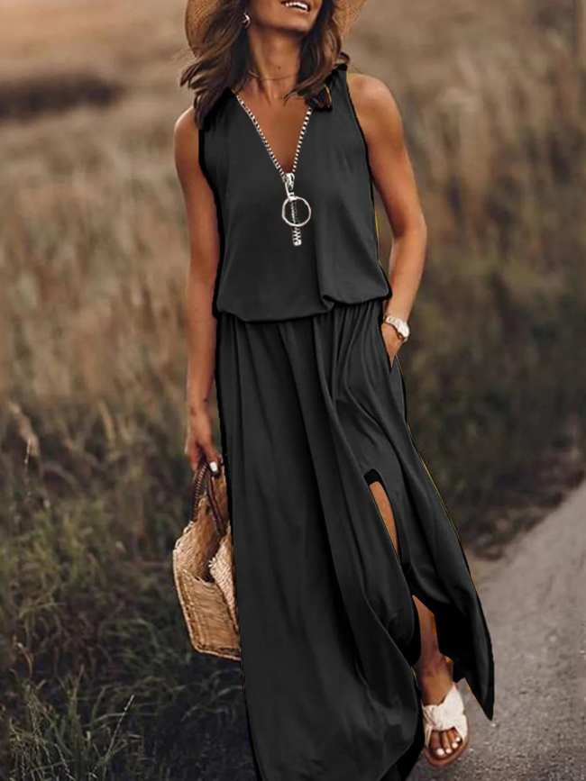 Full Size Half Zip Sleeveless Maxi Dress with Side Slit Plus Size