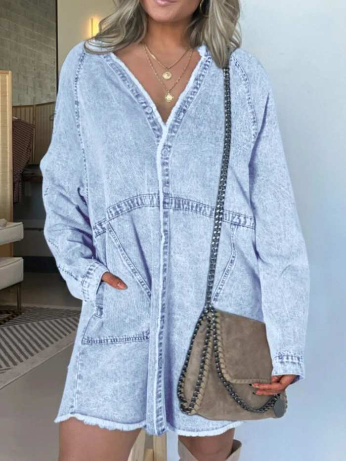 Full Size Button-Front Long Sleeve Denim Shirt Dress Plus Size