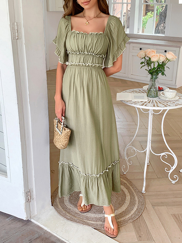 Pleated Ruffle Trim Split-Joint Zipper A-Line High Waisted Square-Neck Midi Dresses