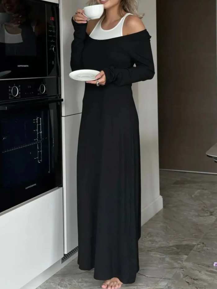 Contrast Long Sleeve Maxi Dress