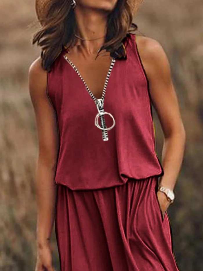 Full Size Half Zip Sleeveless Maxi Dress with Side Slit Plus Size