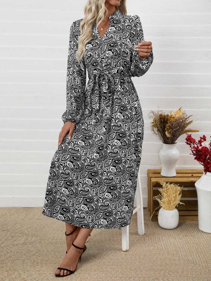 Paisley Print Long Sleeve Midi Dress