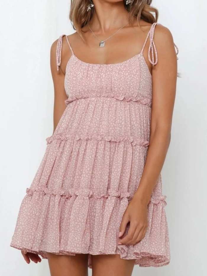 Printed Tie-Strap Tiered Mini Dress