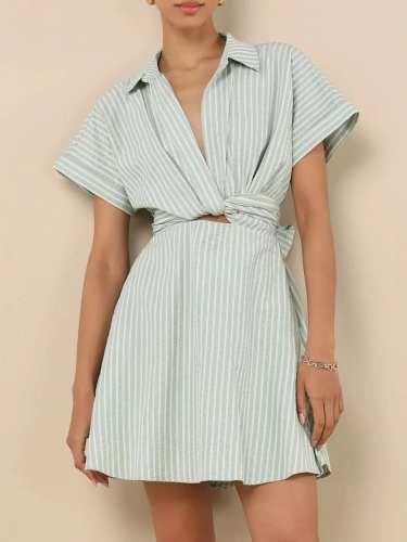 Striped Cutout Front Short Sleeve Shirt Dress