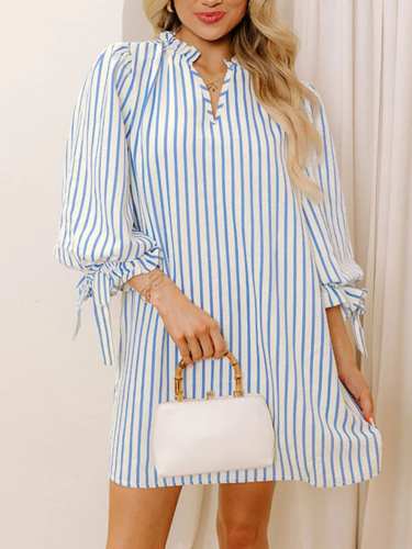 Stripe Knotted Sleeve Notched Shift Mini Dress