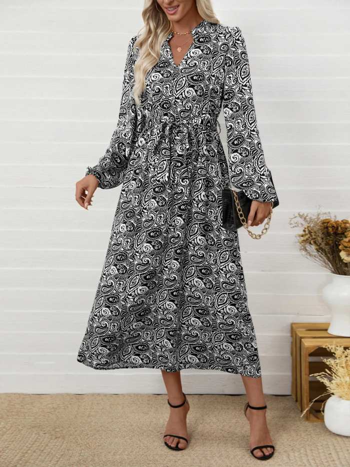 Paisley Print Long Sleeve Midi Dress