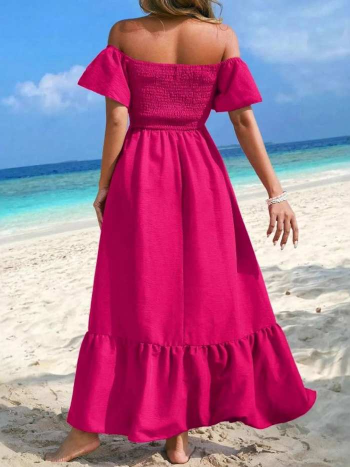 Off-Shoulder Smocked Maxi Dress with Ruffle Hem