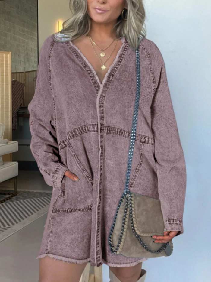 Full Size Button-Front Long Sleeve Denim Shirt Dress Plus Size