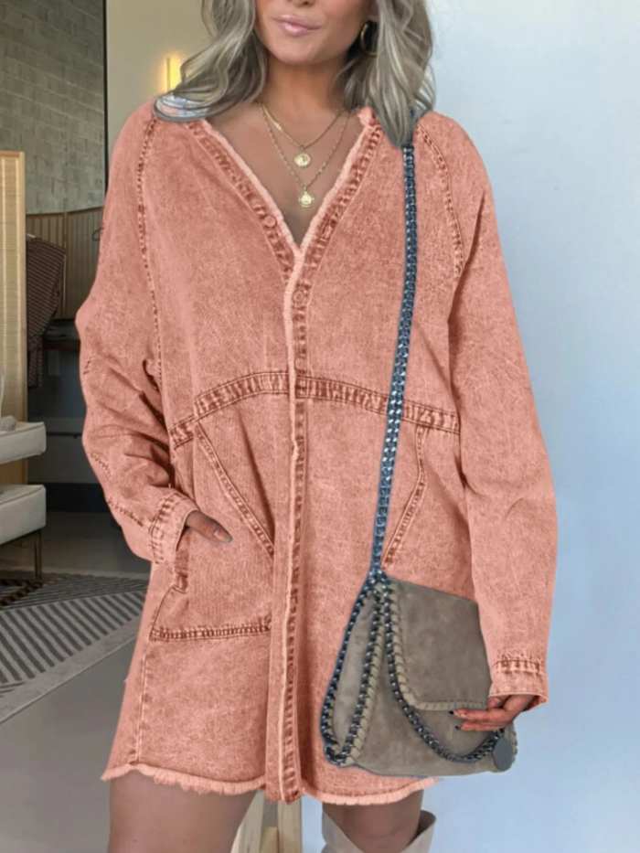 Full Size Button-Front Long Sleeve Denim Shirt Dress Plus Size