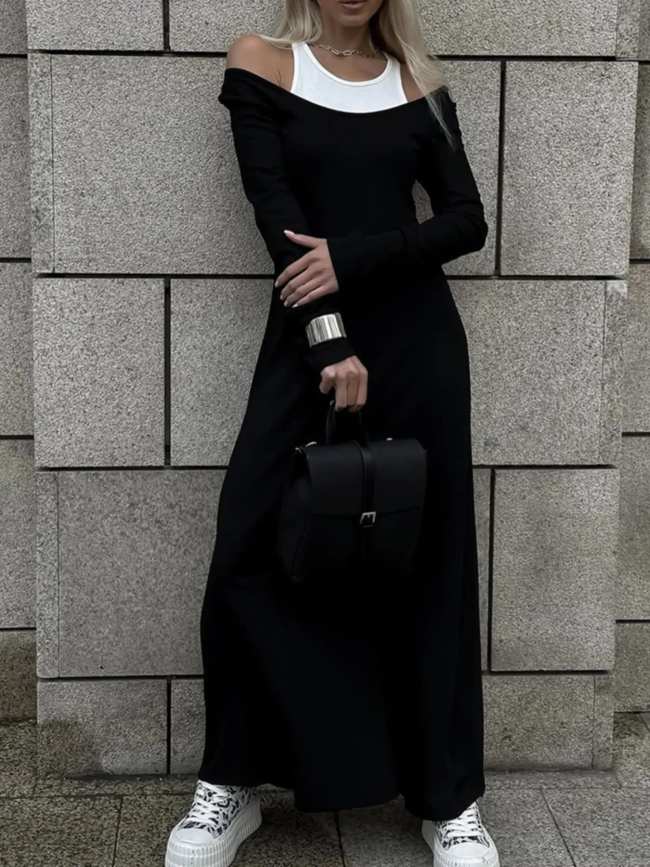 Contrast Long Sleeve Maxi Dress