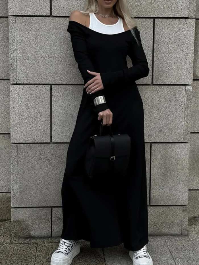 Contrast Long Sleeve Maxi Dress