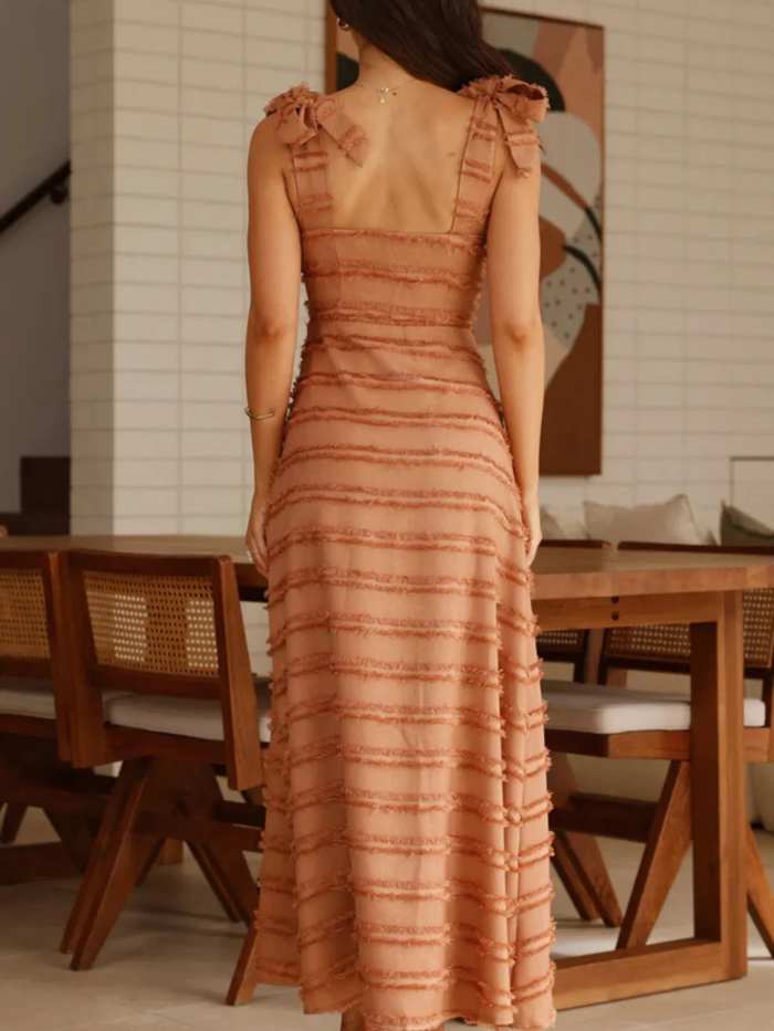 Striped V-Neck Tie Shoulder Maxi Dress
