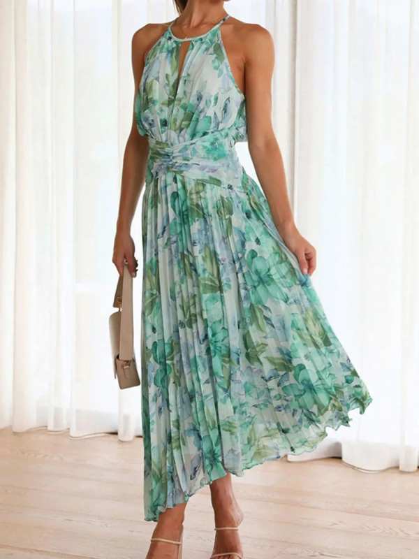 Printed Sleeveless Pleated Dress