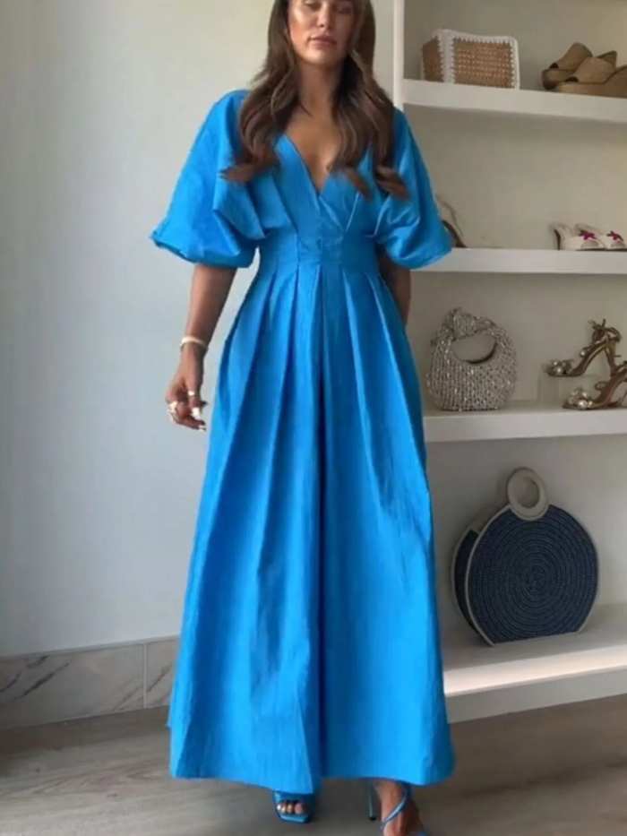 V-Neck Half Sleeve Midi Dress