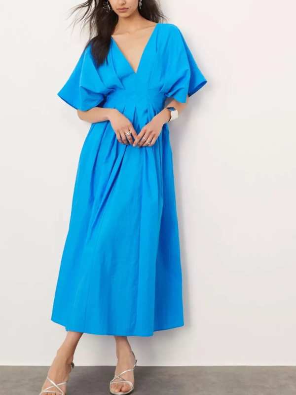 V-Neck Half Sleeve Midi Dress