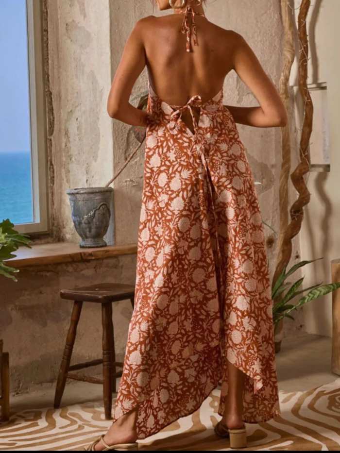 Printed Halter Neck Maxi Cami Dress