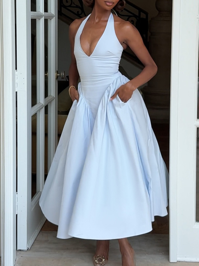 Halter Neck Ruched Midi Dress
