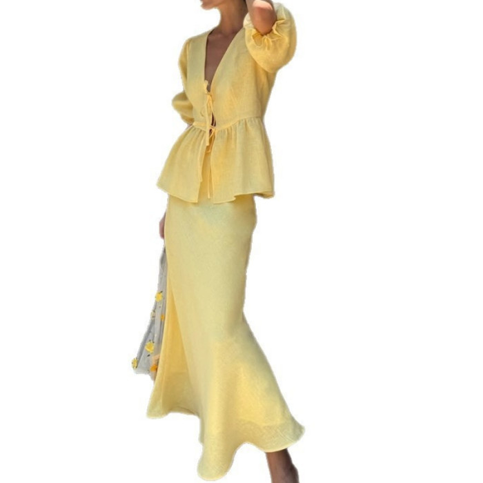 Women's New Fashion Bubble Sleeve V-neck Strap Top+High Waist Skirt Set