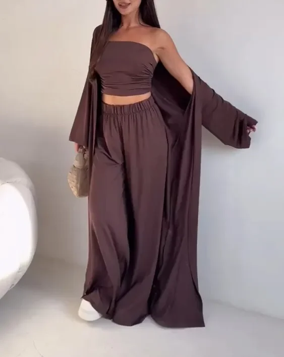 Women's Fashion Solid Color Cardigan Jacket + Casual Off-Shoulder Vest + High-Waisted Wide-Leg Pants Three-Piece Set