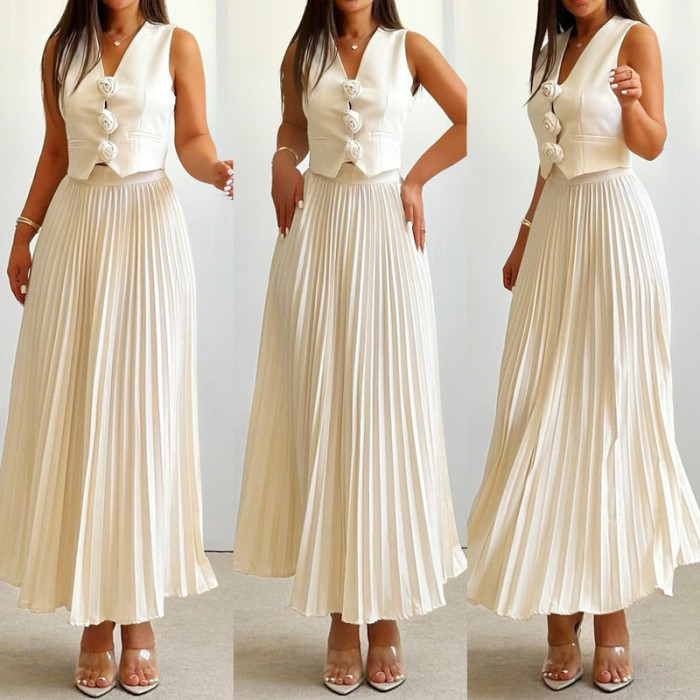Women's Fashion V-Neck Floral Vest + Elegant Skirt Two-Piece Set