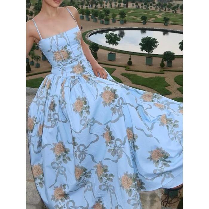 Women's Elegant Backless Beautiful Printed Suspender Maxi Dress