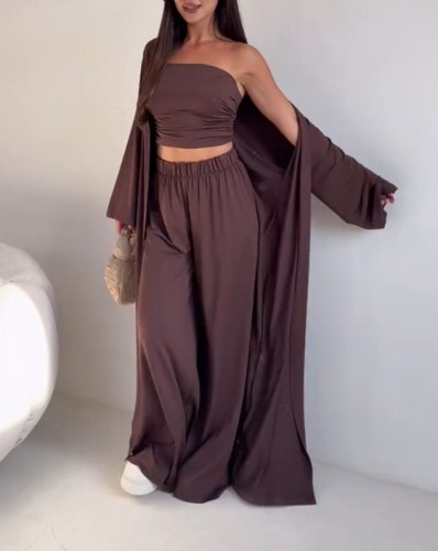 Women's Fashion Solid Color Cardigan Jacket + Casual Off-Shoulder Vest + High-Waisted Wide-Leg Pants Three-Piece Set