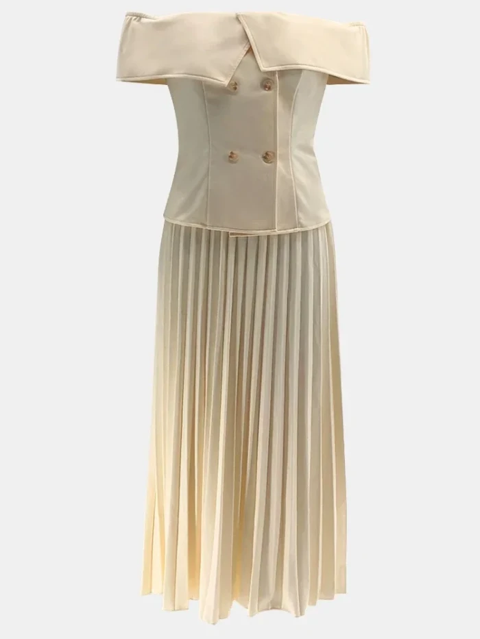 Women's Fashion Sexy Off Shoulder Top and Pleated Maxi Skirt Two-Piece Set
