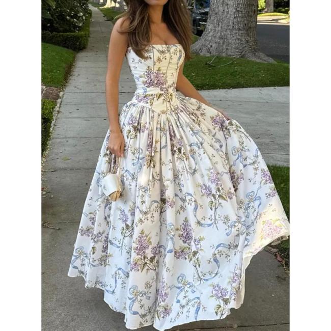 Women's Elegant Backless Beautiful Printed Suspender Maxi Dress