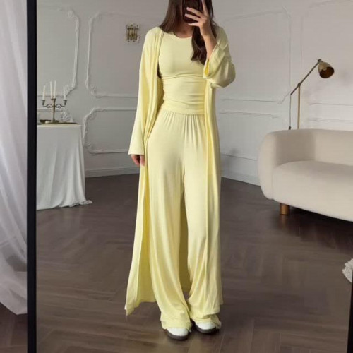 Women's Fashion Casual Solid Color Cardigan + Long Sleeve Top + Trousers Three-piece Set