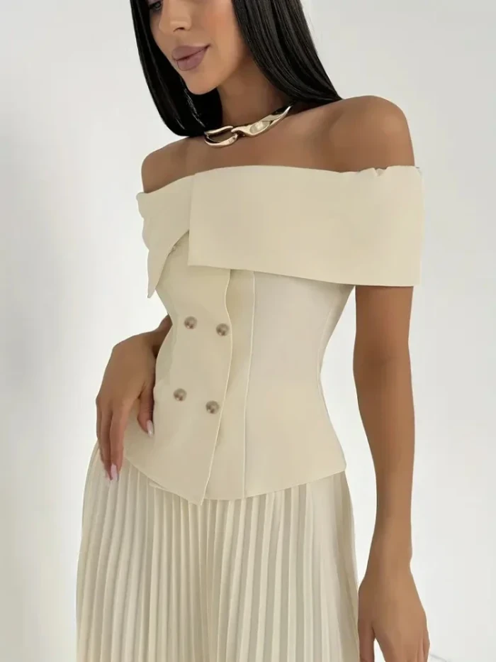 Women's Fashion Sexy Off Shoulder Top and Pleated Maxi Skirt Two-Piece Set