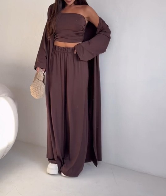 Women's Fashion Solid Color Cardigan Jacket + Casual Off-Shoulder Vest + High-Waisted Wide-Leg Pants Three-Piece Set