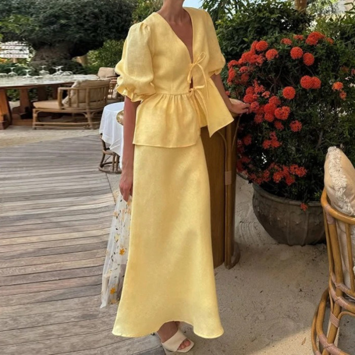 Women's New Fashion Bubble Sleeve V-neck Strap Top+High Waist Skirt Set