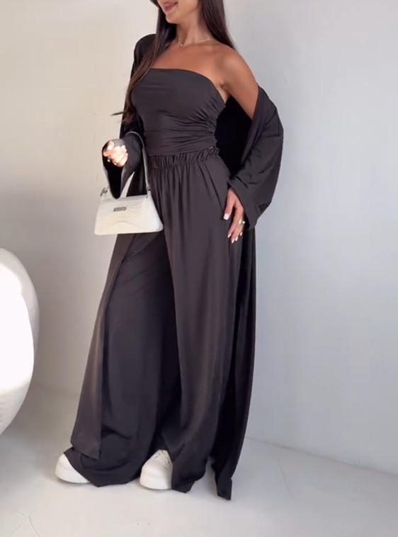 Women's Fashion Solid Color Cardigan Jacket + Casual Off-Shoulder Vest + High-Waisted Wide-Leg Pants Three-Piece Set