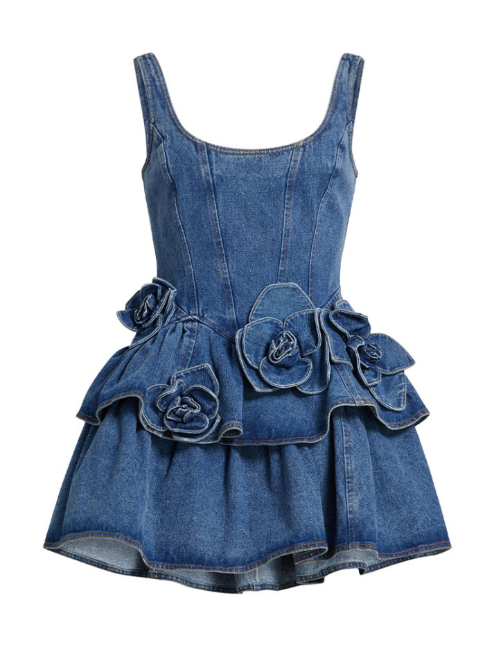 Women's Fashion Floral Denim Vintage A-Line Mini Dress