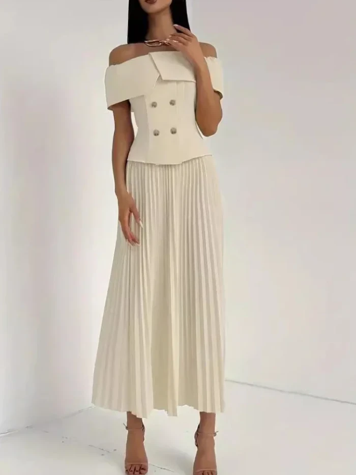 Women's Fashion Sexy Off Shoulder Top and Pleated Maxi Skirt Two-Piece Set