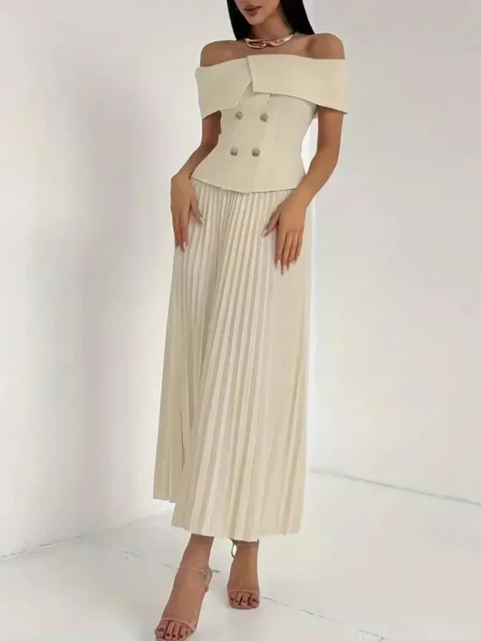 Women's Fashion Sexy Off Shoulder Top and Pleated Maxi Skirt Two-Piece Set