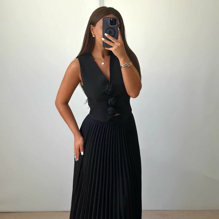 Women's Fashion V-Neck Floral Vest + Elegant Skirt Two-Piece Set