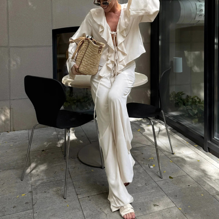 Women's Fashion Solid Color Elegant V-neck Top + Wide-leg Pants Two-piece Set