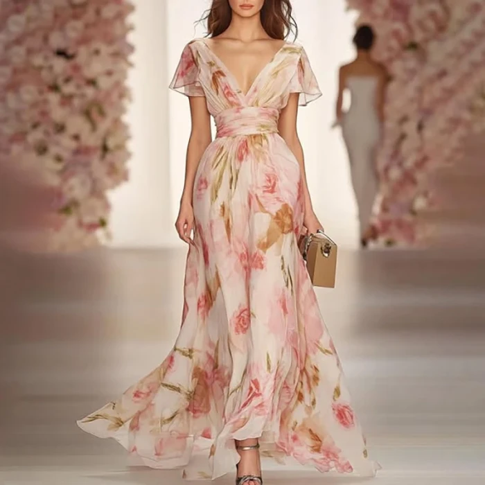 Women's Fashion Floral Print Elegant V Neck Maxi Dress