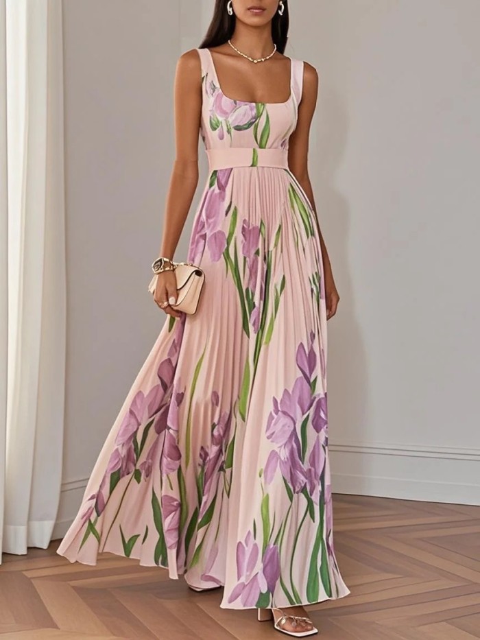 Women's Fashion Elegant Floral Printed Suspender Maxi Dress