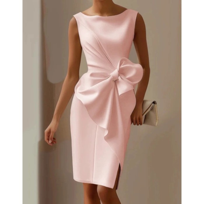 Women's Fashion Bowknot Solid Color Elegant Slim Midi Dress