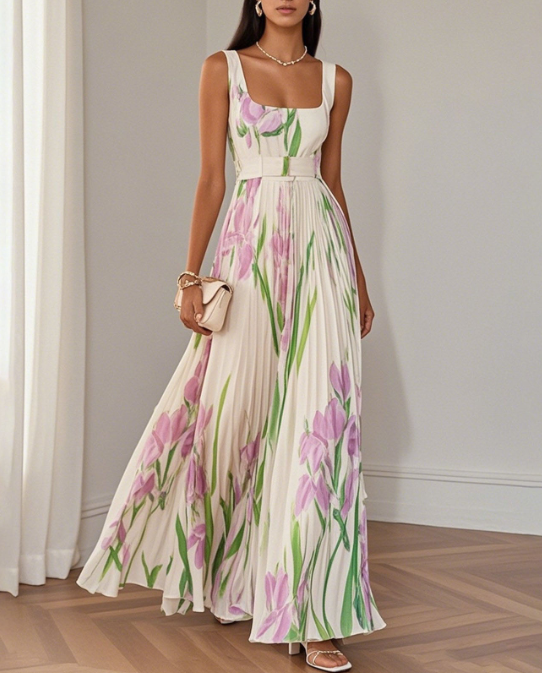Women's Fashion Elegant Floral Printed Suspender Maxi Dress