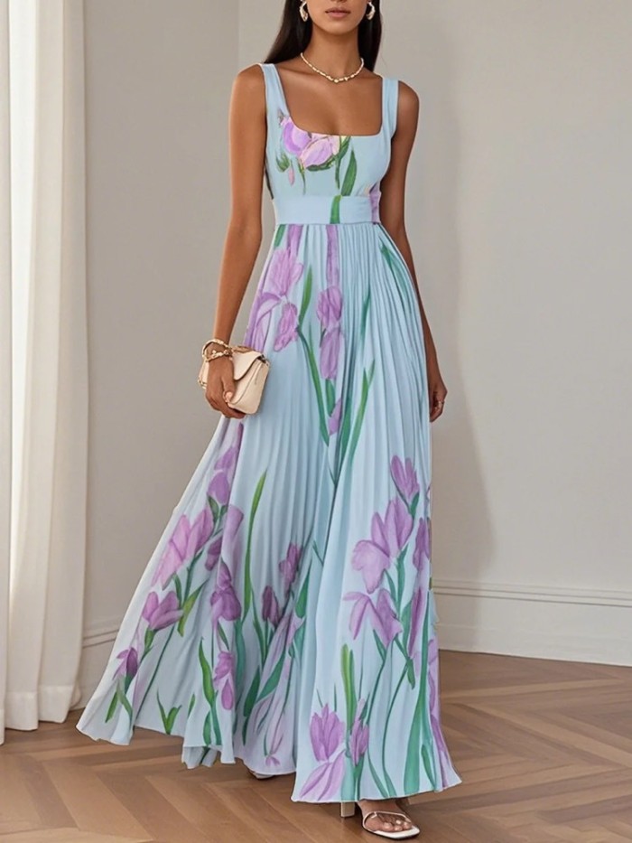 Women's Fashion Elegant Floral Printed Suspender Maxi Dress