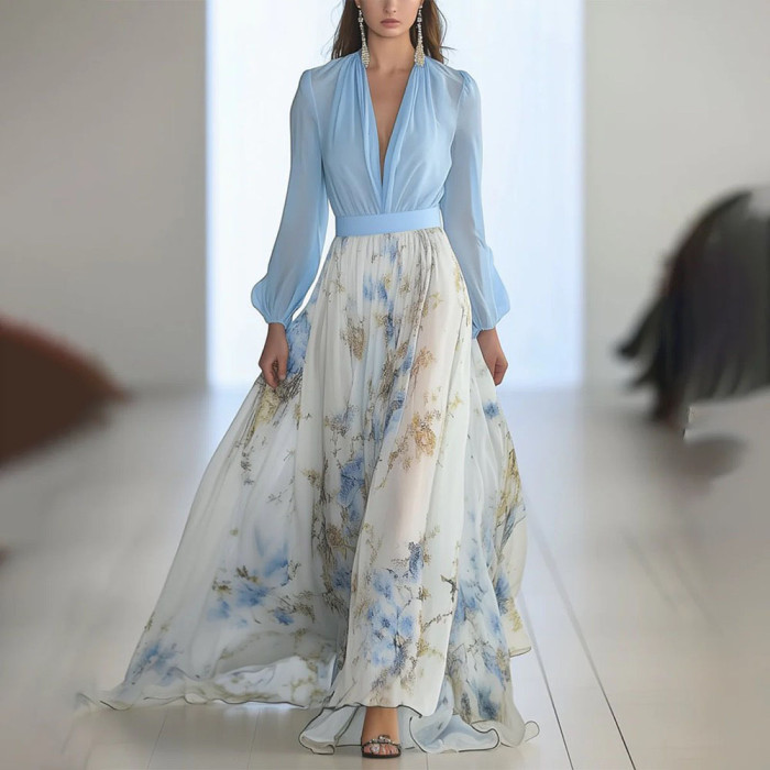 Women's Elegant Fashion Floral Print V-Neck Casual Maxi Dress