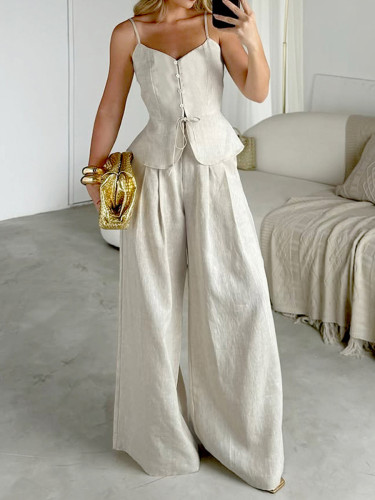 Women's Casual Cotton V-Neck Vest + Wide-Leg Pants Two-Piece Set