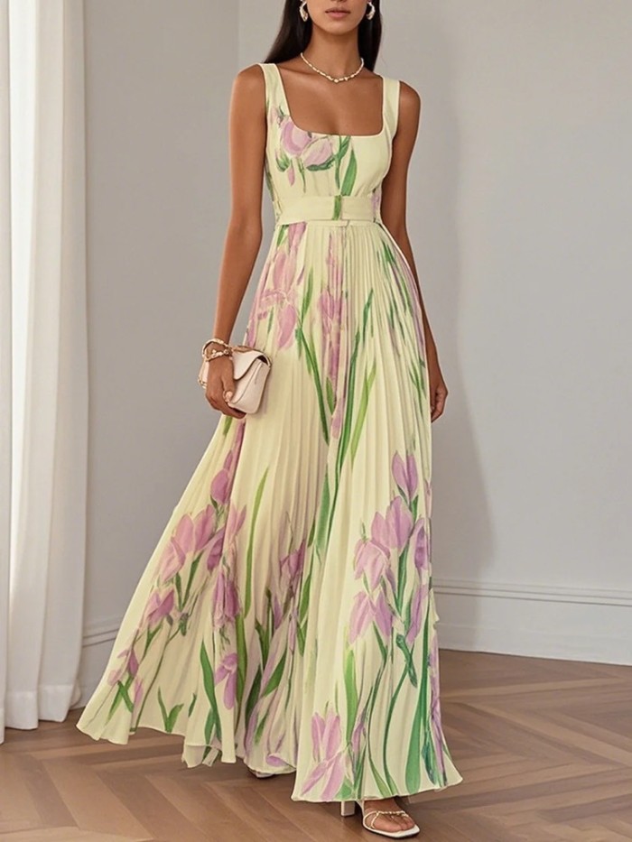 Women's Fashion Elegant Floral Printed Suspender Maxi Dress
