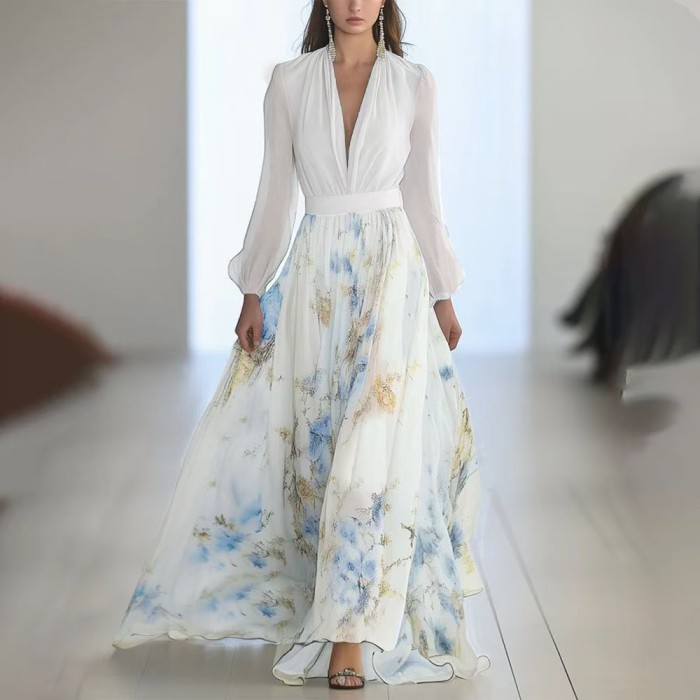 Women's Elegant Fashion Floral Print V-Neck Casual Maxi Dress