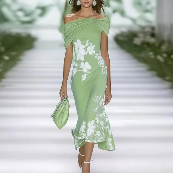 Women's Off-The-Shoulder Floral Print Fitted Midi Dress