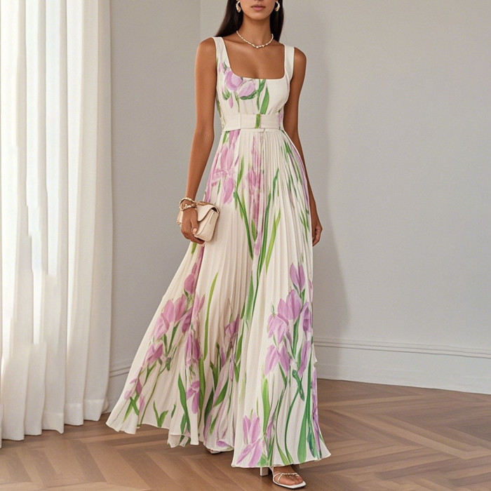 Women's Fashion Elegant Floral Printed Suspender Maxi Dress